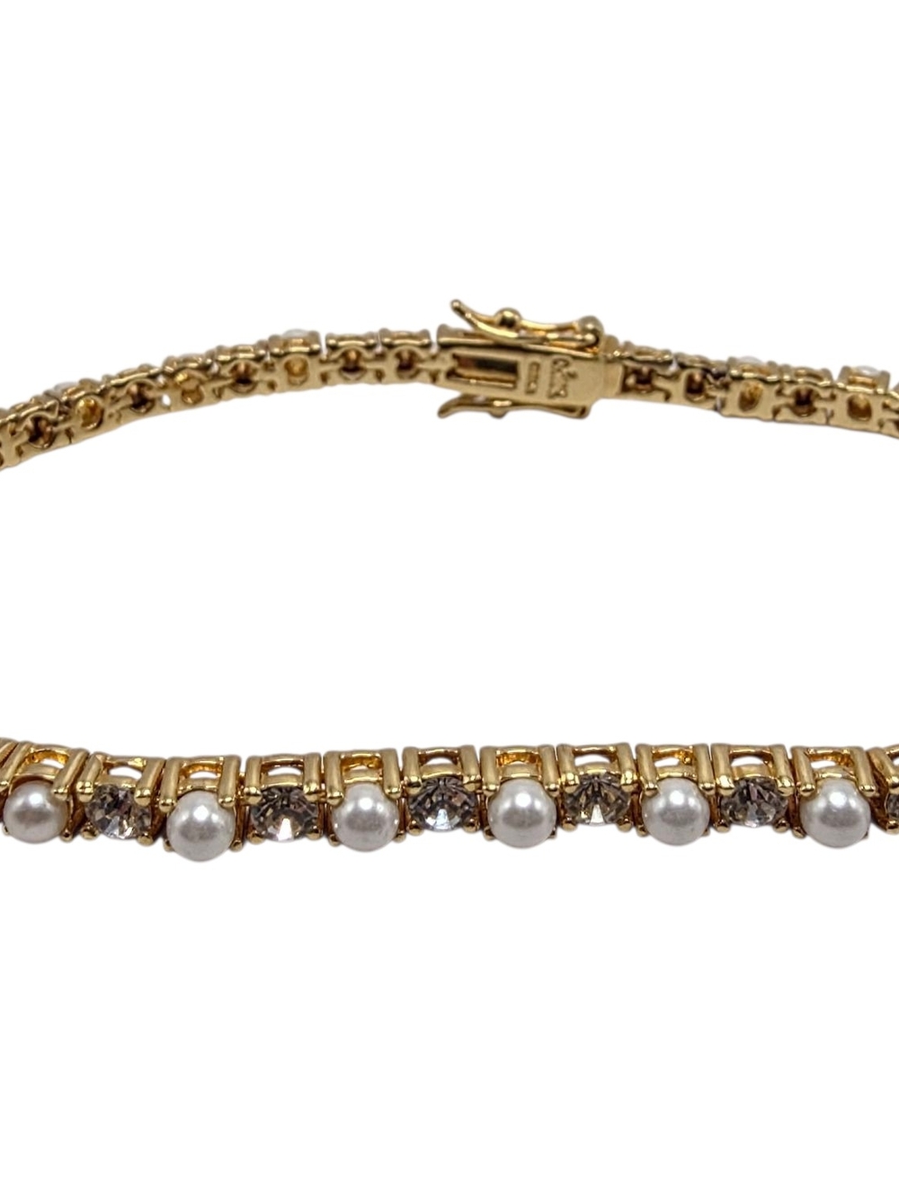 Vintage Joan Rivers Tennis Bracelet Clear Rhinestones and Faux Pearls w/ Safety